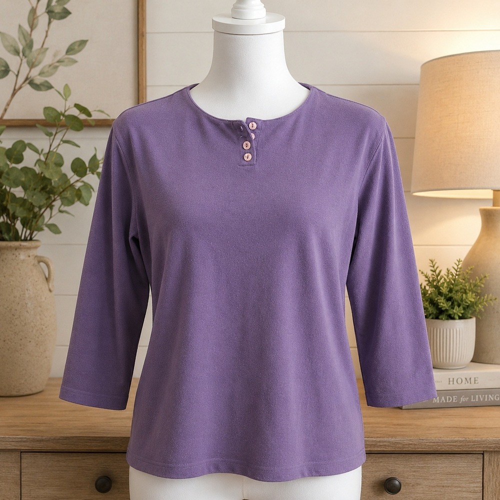 Dressbarn Woman Purple Cotton Henley Top 3/4 Sleeve Plus Size 18/20 Minimalist